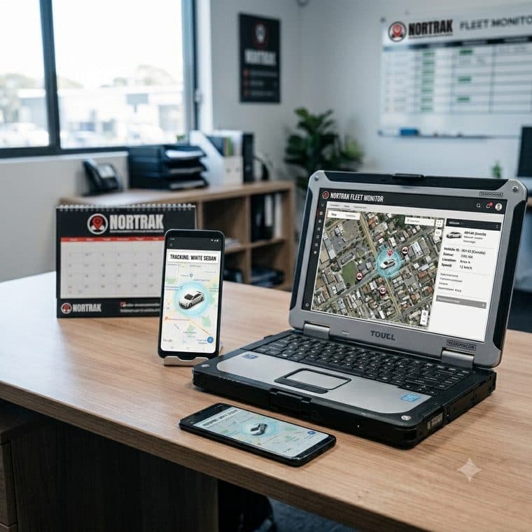 Painel Nortrak Fleet Monitor no computador e no celular